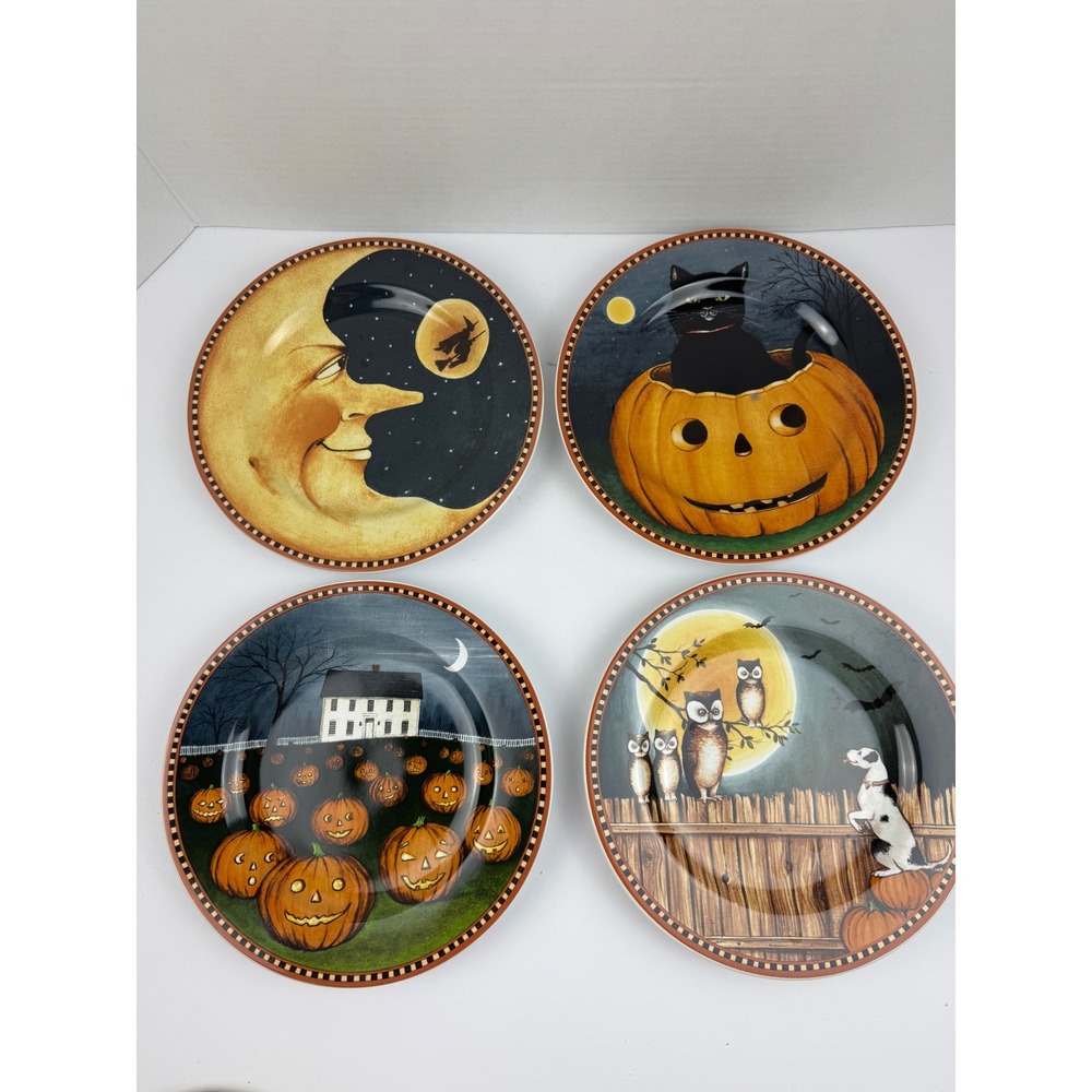 David Carter Brown Pumpkin Hollow Plates Set of 4 Halloween Sakura 8.25in